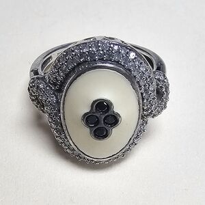 Elegant Black & White Diamond Sterling Silver Women's Ring with White Enamel